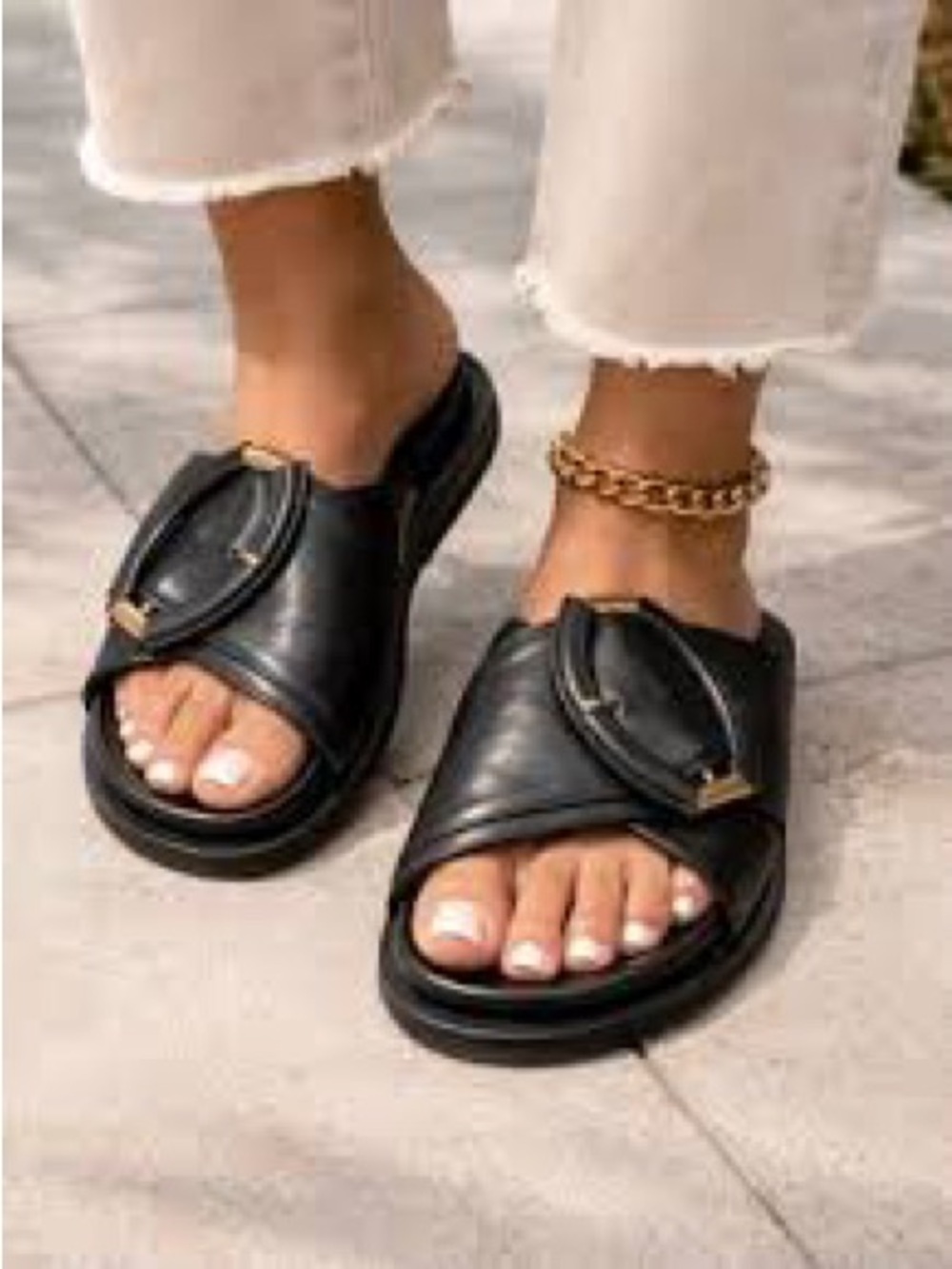 Banana Republic Black Leather Slide Sandals with Gold Ring Accent